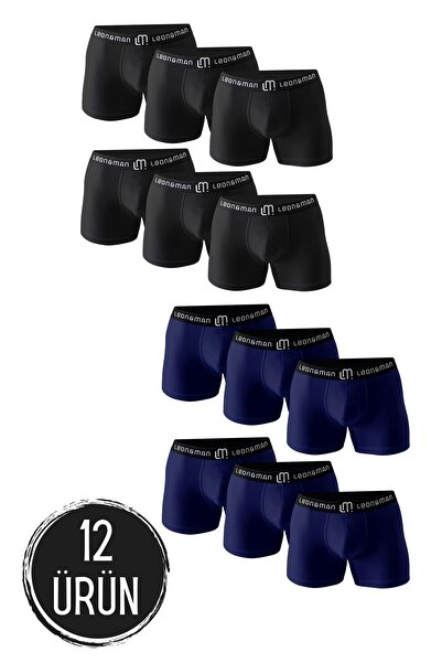LEON&MAN Erkek Boxer Likralı Premium Pamuklu Siyah -lacivert 12'li Paket