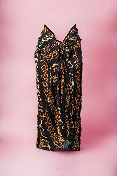 pistore Black Thick Striped Leopard Print Long Pareo Satin Women's Beach Dress New Season