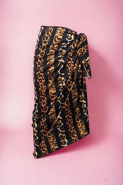 pistore Black Thick Striped Leopard Print Long Pareo Satin Women's Beach Dress New Season