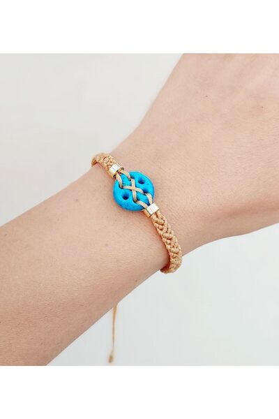 ZDTHandmade سوار مكرامية بتفاصيل متقاطعة من حجر عين الشر باللون البيج