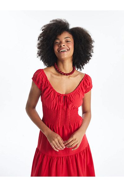 LC Waikiki LCW Women's Dress - Boat Neck, Short Sleeve, Solid Cut