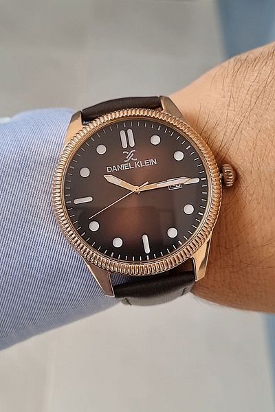 Daniel Klein Brown Leather Strap Rose Gold Case Calendar Men's Wristwatch