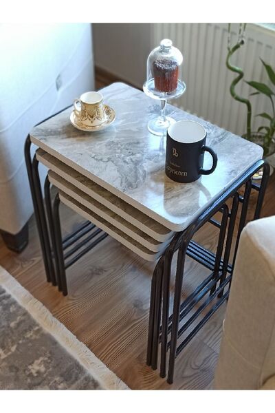 HOMEBELLA 4'lü Zigon Sehpa Metal Statik Siyah Ayaklı Gri Mermer Üreticiden E1 Tse Garantili