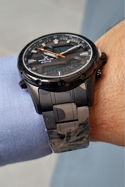 Daniel Klein Black Camouflage Digital/Analog Wristwatch with Alarm, Stopwatch, Lighted Steel Bracelet