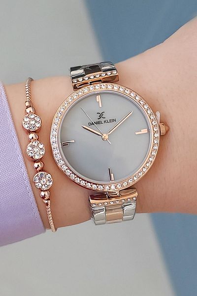 Daniel Klein Rose Gold/Metallic Gray Dial Jewelled Women's Wristwatch + Zircon Jewelled Bracelet