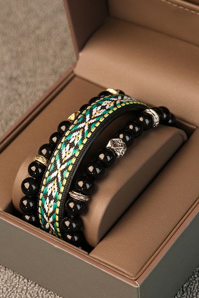 Jack Ferrero Men's Leather and Natural Stone Bracelet Combination Set
