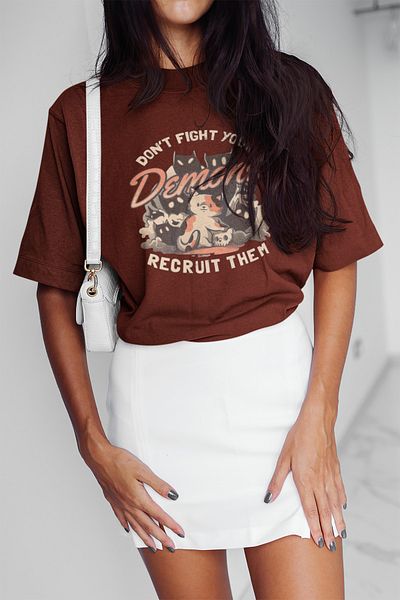 Boi Μπλουζάκι Demons Printed Oversize Combed Cotton - Σχέδιο με γραμμένη γάτα, ασπρόμαυρο vintage στυλ