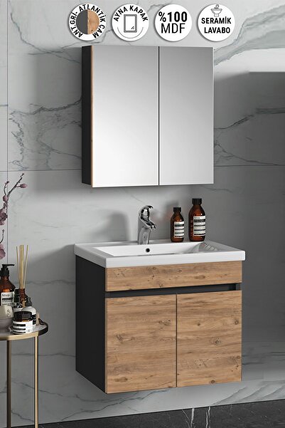 ÖZCEDEN Çiğdem 65 cm Atlantik Çam-Antrasit Gri Mat MDF Seramik Lavabolu Asma ...
