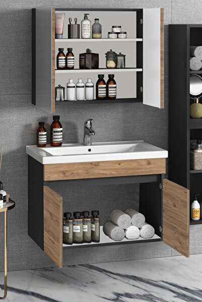 ÖZCEDEN 80 35 Cm Antrasit Gri Mat-atlantik Çam Mdf Seramik Lavabolu Asma Banyo Dolabı Takımı