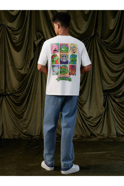 AEMİ تي شيرت أبيض كبير الحجم مطبوع عليه سلاحف النينجا من Teenage Mutant - 100% قطن، رقبة دائرية