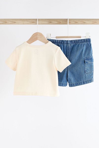 Next Baby Cream Boat Printed 100% Cotton Short Sleeve T-Shirt and Denim Shorts Set