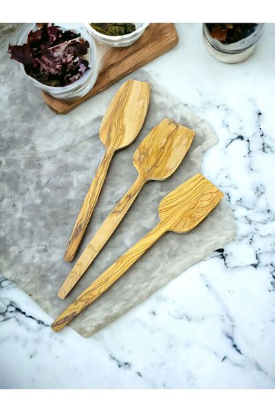 NYB DESIGN Olive Wood 100% Natural Handmade Wooden Spoon Spatula Set 3 Piece Wooden Food Serving Set