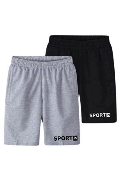 TREND ALİSSE Erkek Şort - Ikili Siyah Ve Gri Sportin Baskılı Cepli Spor Şort