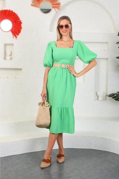 asur boutique Rochie pentru femei Asur Boutique de in, cu curea, guler pătrat, slim fit Cumpărați o mărime mai mare