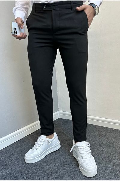 çerme Men's Black Flexible Slim Fit Lycra Fabric Trousers