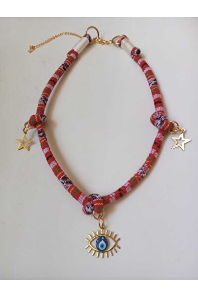 Loyal Friend Store köpek kolye kırmızı bohem etnik desenli ve göz nazarboncuklu 45 - 60 cm