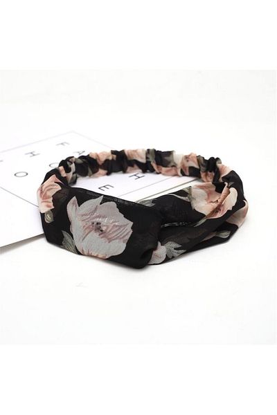 So Much Accesories So-much Bentita de păr pregătită cu noduri pentru femei șifon cu model floral negru-9