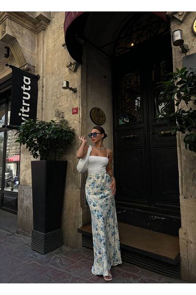 LB Laluna Butik Κρεμ Μπλε Floral Μακριά Σατέν Γυναικεία Φούστα