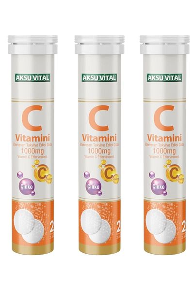 Aksu Vital Vitamin C Tablets 1000Mg, 20 Effervescent X 3 Pieces