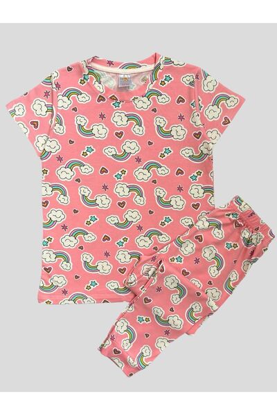 elmas kids Κοριτσίστικο 100% βαμβακερό μοτίβο ουράνιο τόξο ροζ κοντομάνικο κα...