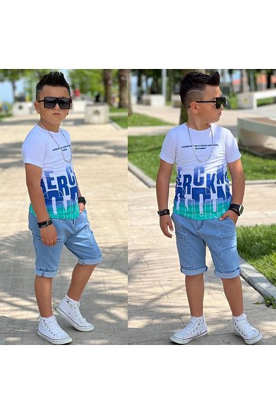 Burçak Butik Supreme Printed T-Shirt and Denim Shorts with Pockets - 2-Piece Set