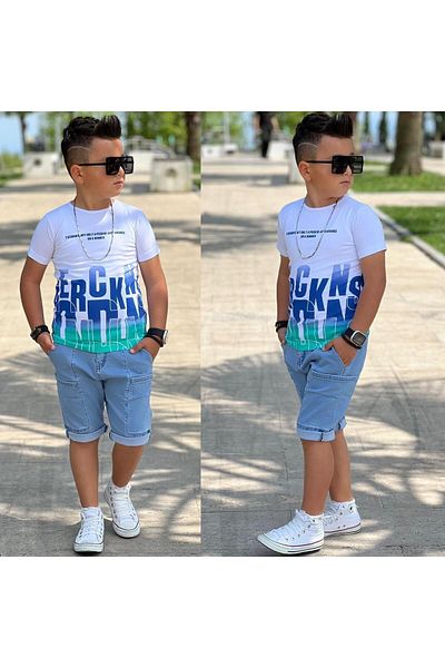 Burçak Butik Supreme Printed T-Shirt and Denim Shorts with Pockets - 2-Piece Set