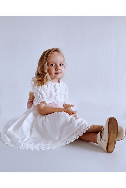 Şirin Şeyler Butiği Diana mânecă scurtă Fundita Roz Fete Rochie Albă Elegantă Rochie Scallop Rochie Scalloped