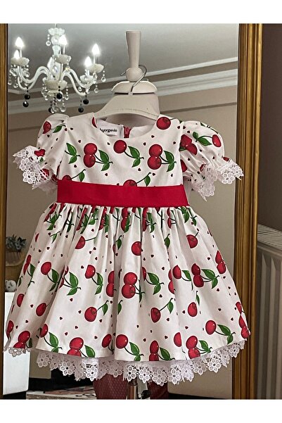 FİLİZ ŞANAL فستان بناتي من القطن بطبعة الكرز لحفلات أعياد الميلاد