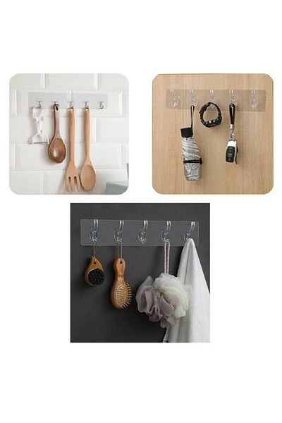 Jetcom Self-Adhesive Strong Transparent 5-Piece Hanger Rack - Behind Door Kitchen Wall Bathroom