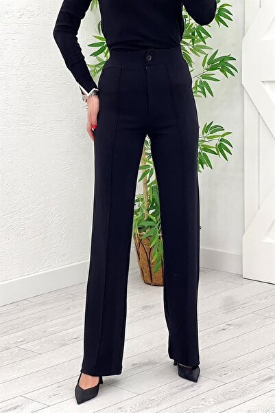 GRİLAND Dámské černé kalhoty Palazzo s vysokým pasem a žebrovaným prošitím