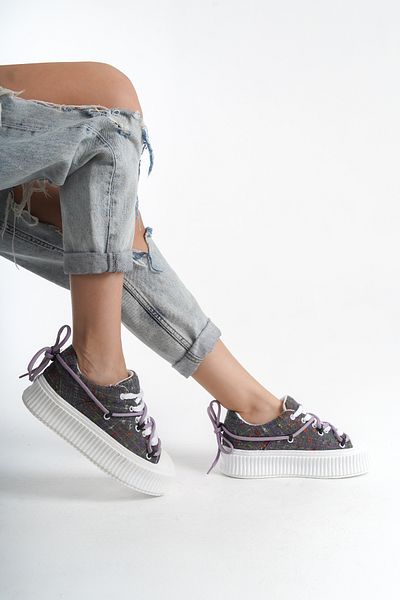 SEEM & BE Pantofi de damă din țesătură tweed gri Rory cu șireturi duble - pantofi sport casual
