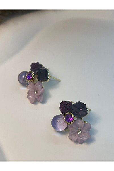 Yıldız Accessory Mor Çiçek Küp Detaylı Küpe