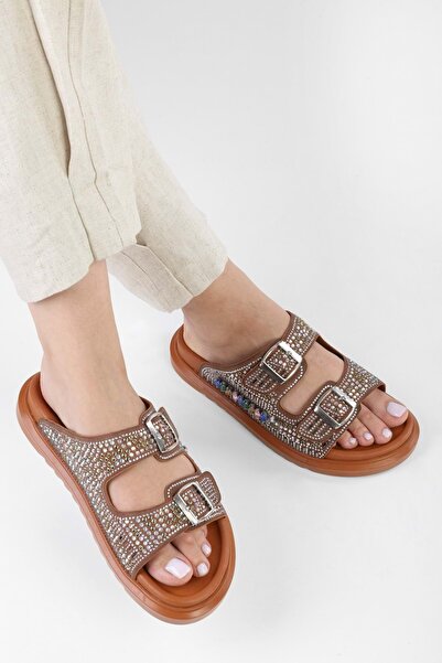 Shoeberry Thick Sole and Belted Jelis Tan Women's Slippers