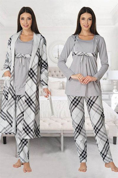 Lohussa Women's Gray Long Sleeve Winter Cotton Maternity Maternity Dressing Pajama Set