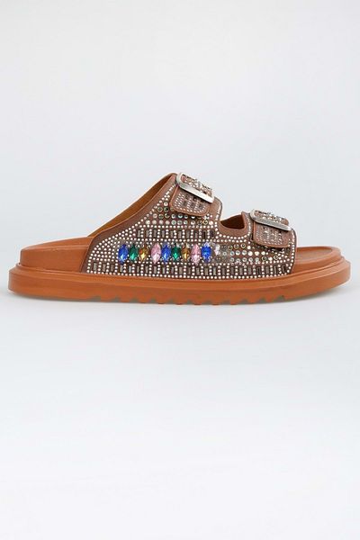 Shoeberry Thick Sole and Belted Jelis Tan Women's Slippers