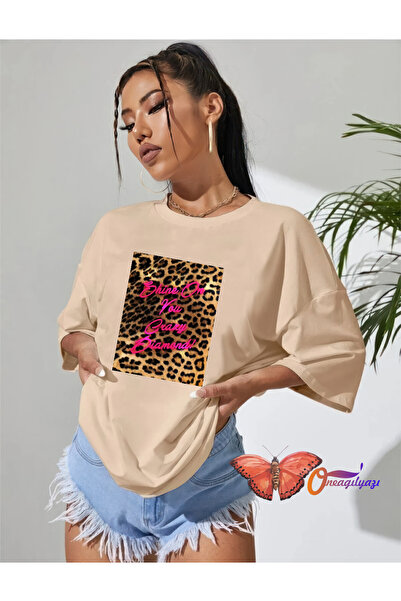 oneagılyazı Μπλουζάκι Leopard Shine Oversize Χτενισμένο Βαμβακερό - Μπλουζάκι...