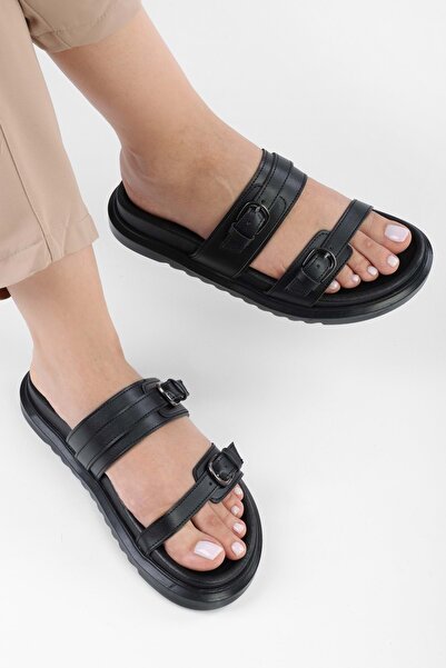 Shoeberry Γυναικείες παντόφλες Farlo Μαύρη Ζώνη Χοντρή Σόλα