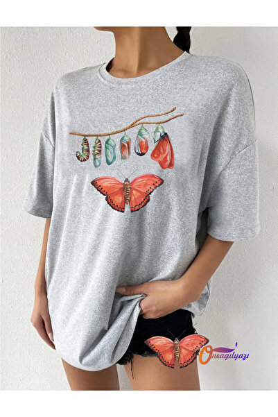 oneagılyazı Джърси тениска с голям дизайн на пеперуда