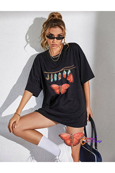 oneagılyazı تي شيرت قطني ممشط كبير الحجم - تي شيرت مطبوع بتصميم شكل فراشة