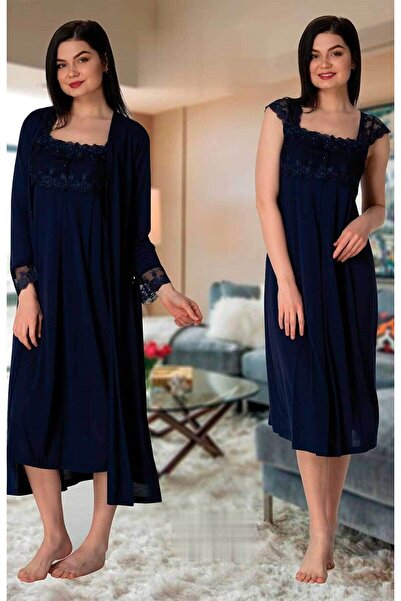 Lohussa طقم ثوب نوم نسائي صيفي من الدانتيل باللون الأزرق الداكن من القطن للحو...