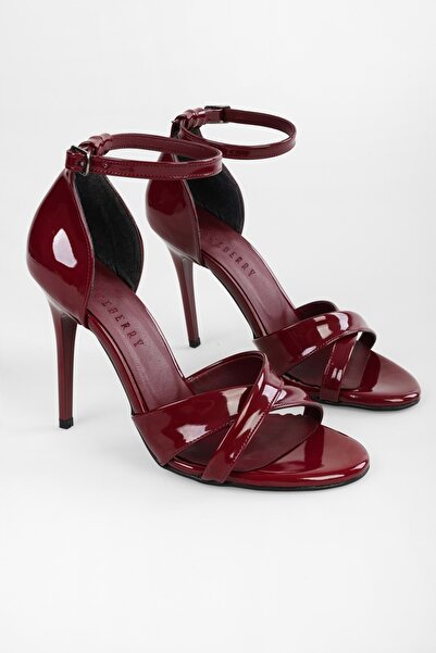 Shoeberry Elza Claret Red Patent Leather Women's Heeled Shoes - Banded