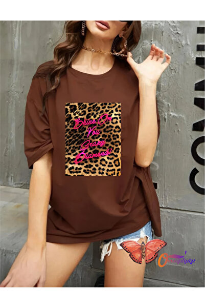 oneagılyazı Μπλουζάκι Leopard Shine Oversize Χτενισμένο Βαμβακερό - Μπλουζάκι...