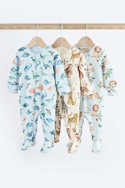 Next Baby Dinosaur Patterned Blue 3-Piece Zippered Jumpsuit Set