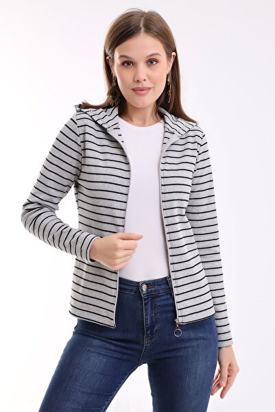 Şiir Women's Grey-Black Long Sleeve Zippered Hooded Basic Knitted Cardigan