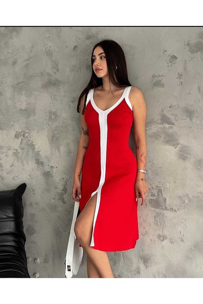 Leo Ferre Red and White Women's Summer Knitwear Dress with Straps