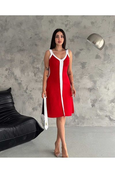 Leo Ferre Red and White Women's Summer Knitwear Dress with Straps