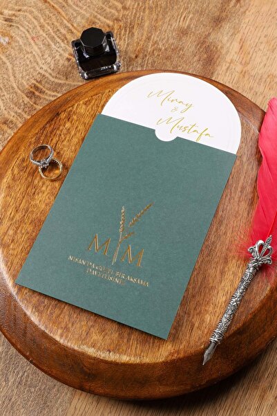 Pixel Davetiye Oval Kesim Yeşil Davetiye- 100 Adet - Düğün - Nişan - Kına - Sünnet - Nikah Davetiyesi - 7980