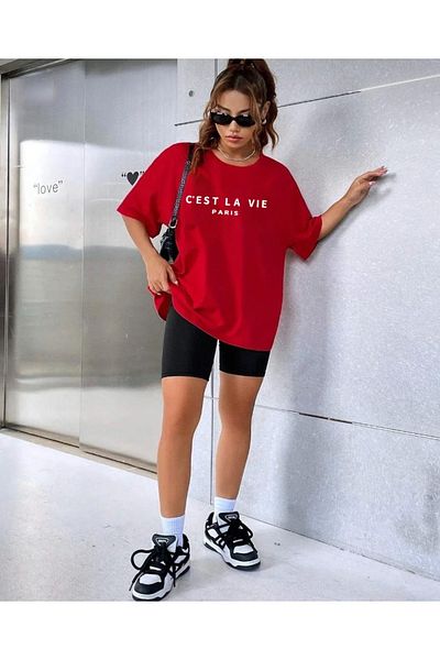khufu Unisex Red Oversize 'C'EST LA VIE' Printed T-Shirt