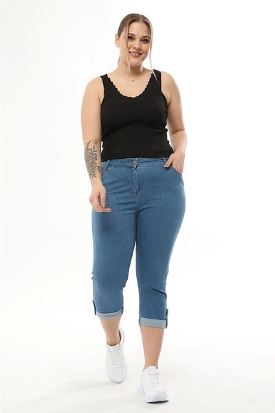EYLÜL BUTİK Women's Large Size Double Leg Denim Capri