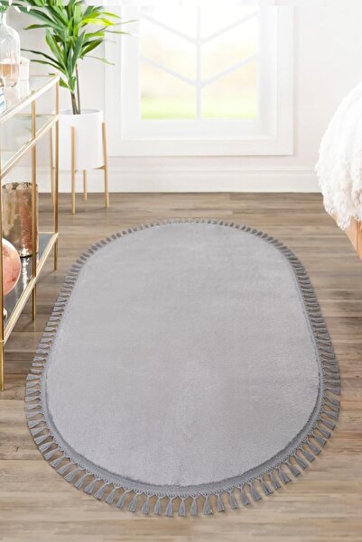 Valery Home Vl Comfort Oval Ponpon Saçaklı Peluş Halı Gri